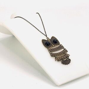 Vintage Brass Hinged Engraved Owl Necklace with Enamel Eyes